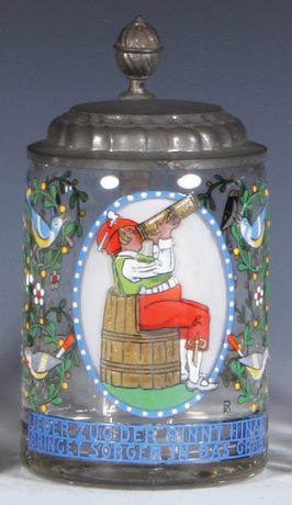 Glass stein, .5L, blown, clear, hand-painted, by Franz Ringer, pewter lid, mint.