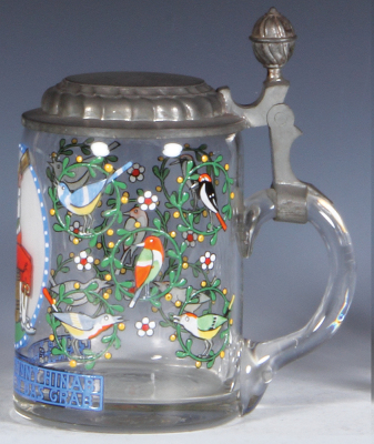 Glass stein, .5L, blown, clear, hand-painted, by Franz Ringer, pewter lid, mint. - 2