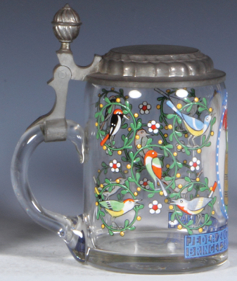 Glass stein, .5L, blown, clear, hand-painted, by Franz Ringer, pewter lid, mint. - 3