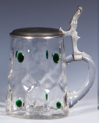 Glass stein, .5L, blown, Art Nouveau, green prunts, pewter lid, mint. - 2