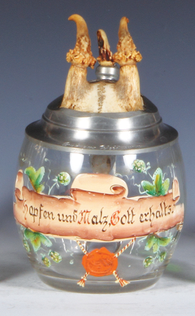 Glass stein, .5L, blown, Hopfen und Malz, Gott erhalts, pewter lid with horn finial & horn thumblift, slight wear.