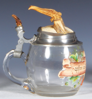 Glass stein, .5L, blown, Hopfen und Malz, Gott erhalts, pewter lid with horn finial & horn thumblift, slight wear. - 3