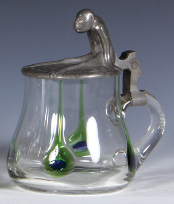 Glass stein, .5L, blown, clear, green glass teardrops, pewter lid with large monkey, mint.