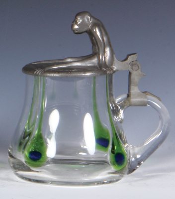 Glass stein, .5L, blown, clear, green glass teardrops, pewter lid with large monkey, mint. - 2