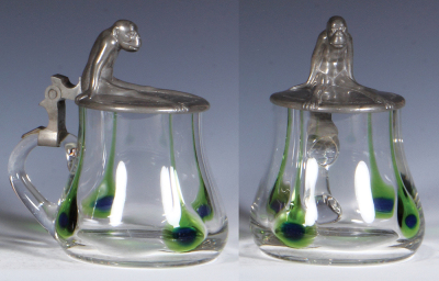 Glass stein, .5L, blown, clear, green glass teardrops, pewter lid with large monkey, mint. - 3