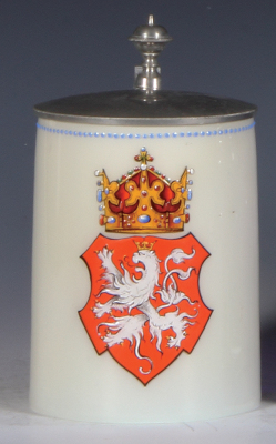 Glass stein, .5L, blown, cased white glass, transfer & hand-painted, lion, metal lid, mint.