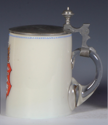 Glass stein, .5L, blown, cased white glass, transfer & hand-painted, lion, metal lid, mint. - 2