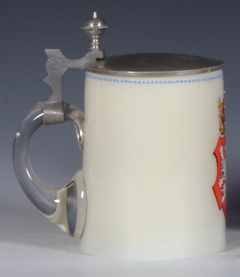 Glass stein, .5L, blown, cased white glass, transfer & hand-painted, lion, metal lid, mint. - 3