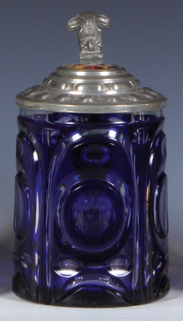 Glass stein, .5L, blown, blue on clear overlay, porcelain inlaid lid: two young women, mint.