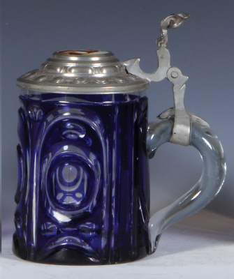 Glass stein, .5L, blown, blue on clear overlay, porcelain inlaid lid: two young women, mint. - 2