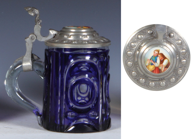 Glass stein, .5L, blown, blue on clear overlay, porcelain inlaid lid: two young women, mint. - 3