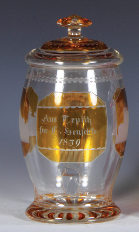 Glass stein, 1.0L, 8.2'' ht., blown, clear, mid 1800s, yellow flashed, engraved, Teplitz 1839, Schlachtenburg, Schlossberg, set-on lid, mint.