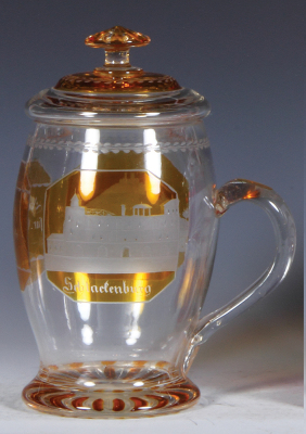 Glass stein, 1.0L, 8.2'' ht., blown, clear, mid 1800s, yellow flashed, engraved, Teplitz 1839, Schlachtenburg, Schlossberg, set-on lid, mint. - 2