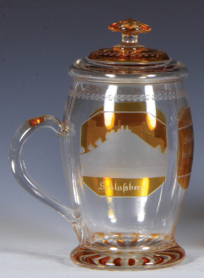 Glass stein, 1.0L, 8.2'' ht., blown, clear, mid 1800s, yellow flashed, engraved, Teplitz 1839, Schlachtenburg, Schlossberg, set-on lid, mint. - 3