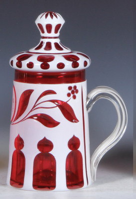 Glass stein, .5L, blown, white on clear glass overlay, cranberry cased glass, cut, matching set-on lid, mint. - 2