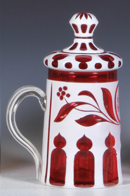 Glass stein, .5L, blown, white on clear glass overlay, cranberry cased glass, cut, matching set-on lid, mint. - 3