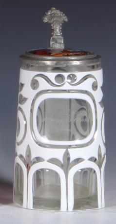Glass stein, .5L, blown, white on clear overlay, porcelain inlaid lid, very good pewter strap repair, glass mint.