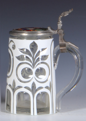 Glass stein, .5L, blown, white on clear overlay, porcelain inlaid lid, very good pewter strap repair, glass mint. - 2
