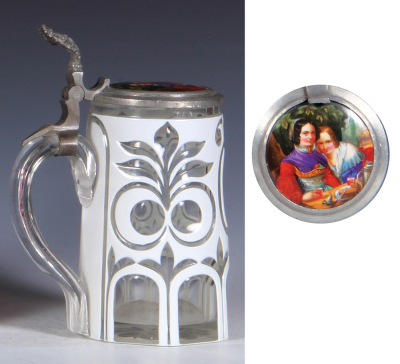 Glass stein, .5L, blown, white on clear overlay, porcelain inlaid lid, very good pewter strap repair, glass mint. - 3