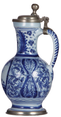 Faience stein, 9.5'' ht., mid 1700s, Nürnberger Birnkrug, pewter lid & footring, very good repair of flakes on rim & handle. - 2