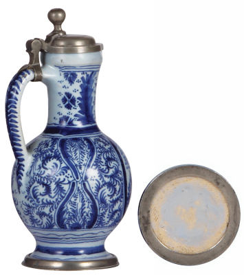 Faience stein, 9.5'' ht., mid 1700s, Nürnberger Birnkrug, pewter lid & footring, very good repair of flakes on rim & handle. - 3