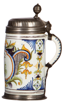 Faience stein, 9.8'' ht., late 1700s, Walzenkrug, pewter lid & footring, a couple of faint lines visible inside, minor pewter repairs, overall good condition. - 2