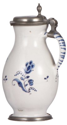 Faience stein, 7.4'' ht., mid 1700s, Birnkrug, pewter lid & footring, very good condition. - 2