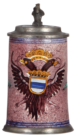 Faience stein, .5L 7.4" ht., mid 1800s, double-headed eagle, pewter lid, pewter strap repaired, body good condition. 