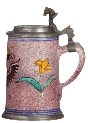 Faience stein, .5L 7.4" ht., mid 1800s, double-headed eagle, pewter lid, pewter strap repaired, body good condition.  - 2