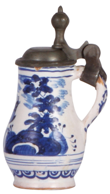 Faience stein, 5.0'' ht., late 1700s, Hanauer Birnkrug, pewter lid, rare size, very good pewter strap repair, a little glaze chipping on top rim & handle. - 2