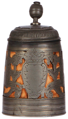 Daubenkrug, 6.2'' ht., wood & pewter, mid 1700s, pewter lid, handle, base and overlay [inset], two deer, lid dated 1763, touchmarks inside lid, very good repair of small pewter tear at rear of lid, wood in good condition.