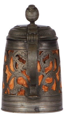 Daubenkrug, 6.2'' ht., wood & pewter, mid 1700s, pewter lid, handle, base and overlay [inset], two deer, lid dated 1763, touchmarks inside lid, very good repair of small pewter tear at rear of lid, wood in good condition. - 4