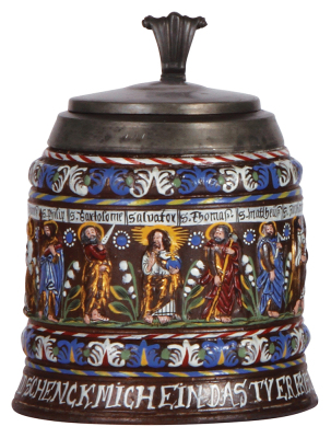 Creussen tankard, 7.6" ht., stoneware, relief, hand-painted, Apostles, late 1600s, pewter lid is a later replacement, 1" x .25" lower rim chip, colors and decoration details in very good condition.