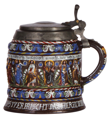 Creussen tankard, 7.6" ht., stoneware, relief, hand-painted, Apostles, late 1600s, pewter lid is a later replacement, 1" x .25" lower rim chip, colors and decoration details in very good condition. - 2