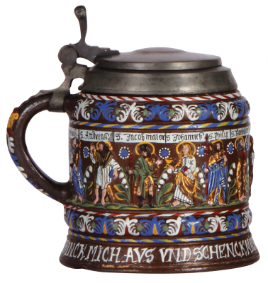 Creussen tankard, 7.6" ht., stoneware, relief, hand-painted, Apostles, late 1600s, pewter lid is a later replacement, 1" x .25" lower rim chip, colors and decoration details in very good condition. - 3