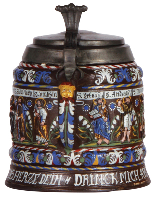 Creussen tankard, 7.6" ht., stoneware, relief, hand-painted, Apostles, late 1600s, pewter lid is a later replacement, 1" x .25" lower rim chip, colors and decoration details in very good condition. - 4