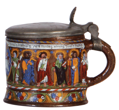 Creussen tankard, 5.2" ht., stoneware, relief, hand-painted, Apostles, late 1600s, old pewter lid has a tear repaired in rear & is possibly a replacement, colors are in very good condition, faces are worn, one small blister. - 2