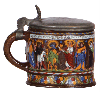 Creussen tankard, 5.2" ht., stoneware, relief, hand-painted, Apostles, late 1600s, old pewter lid has a tear repaired in rear & is possibly a replacement, colors are in very good condition, faces are worn, one small blister. - 3