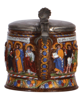 Creussen tankard, 5.2" ht., stoneware, relief, hand-painted, Apostles, late 1600s, old pewter lid has a tear repaired in rear & is possibly a replacement, colors are in very good condition, faces are worn, one small blister. - 4