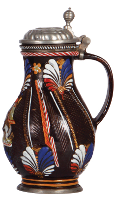 Stoneware stein, 10.0'' ht., late 1600s, Annaberger Birnkrug, pewter lid is a correct period lid with a repaired strap & pewter footring, body very good condition. - 2