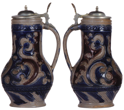 Stoneware stein, 11.4'' ht., Muskauer Birnkrug, early 1700s, incised, blue & purple saltglazes, pewter lid is a later replacement [correct style], body very good condition. - 2