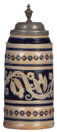 Stoneware stein, 10.2'' ht., late 1700s, Westerwälder Walzenkrug, incised, blue & purple saltglazes, pewter lid, replaced old lid, body good condition.