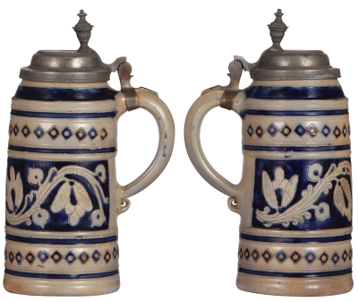 Stoneware stein, 10.2'' ht., late 1700s, Westerwälder Walzenkrug, incised, blue & purple saltglazes, pewter lid, replaced old lid, body good condition. - 2