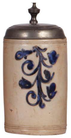 Stoneware stein, 9.5'' ht., early 1800s, Westerwälder Walzenkrug, incised, blue saltglaze, pewter lid, slight pewter tear, body good condition.