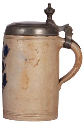 Stoneware stein, 9.5'' ht., early 1800s, Westerwälder Walzenkrug, incised, blue saltglaze, pewter lid, slight pewter tear, body good condition. - 2