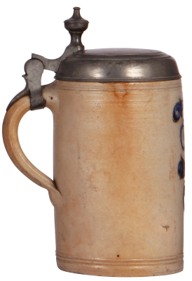 Stoneware stein, 9.5'' ht., early 1800s, Westerwälder Walzenkrug, incised, blue saltglaze, pewter lid, slight pewter tear, body good condition. - 3