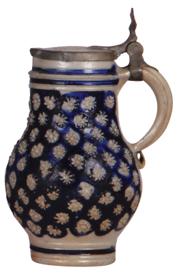 Stoneware stein, 8.5'' ht., early 1700s, Westerwälder Birnkrug, original pewter lid, fair repair of pewter tear, body very good condition. - 2