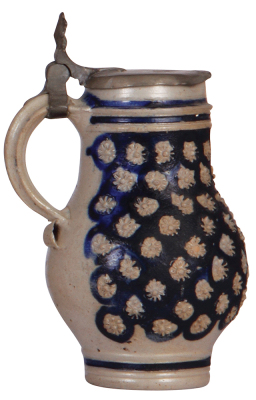 Stoneware stein, 8.5'' ht., early 1700s, Westerwälder Birnkrug, original pewter lid, fair repair of pewter tear, body very good condition. - 3