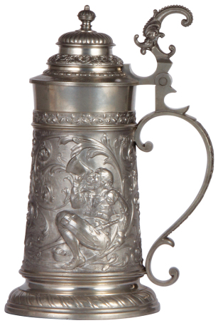 Pewter stein, 1.0L, relief, drinking side scenes, mint.