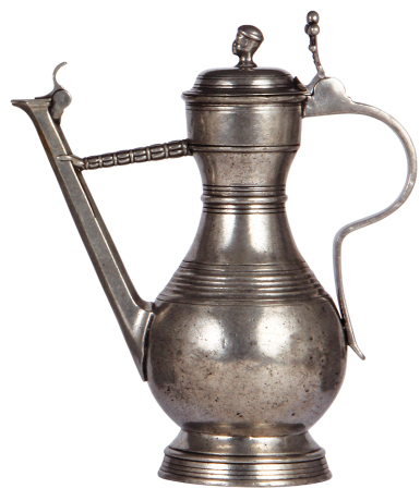 Pewter Tullenkanne, 11.3" ht., 1800s, touchmark on base, pouring spout complete with small cap, good condition.